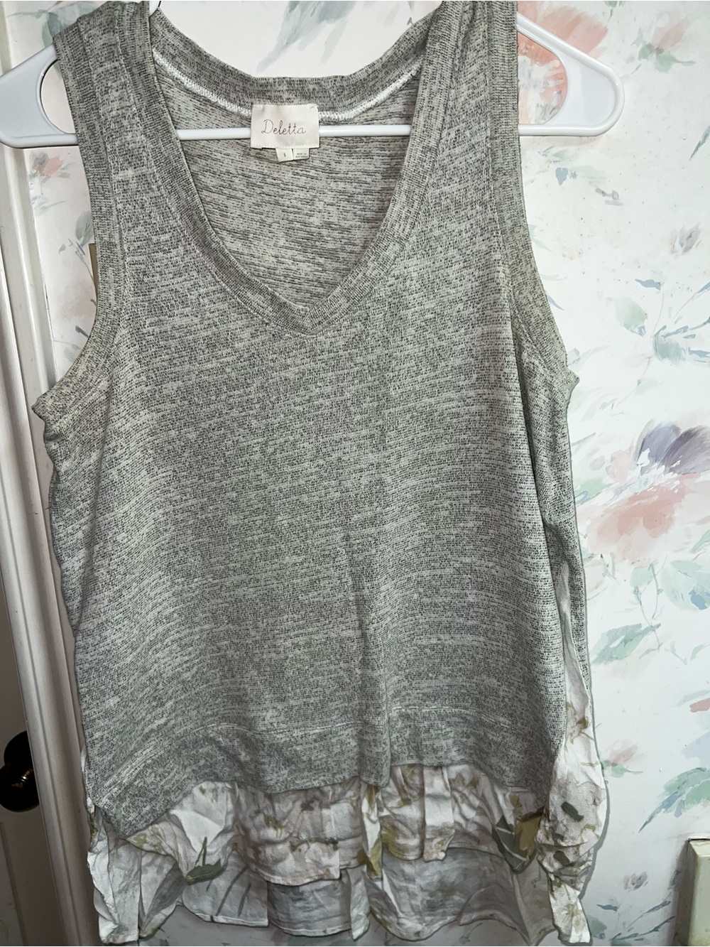 Deletta Gray Tank Top with Floral Ruffle Hem